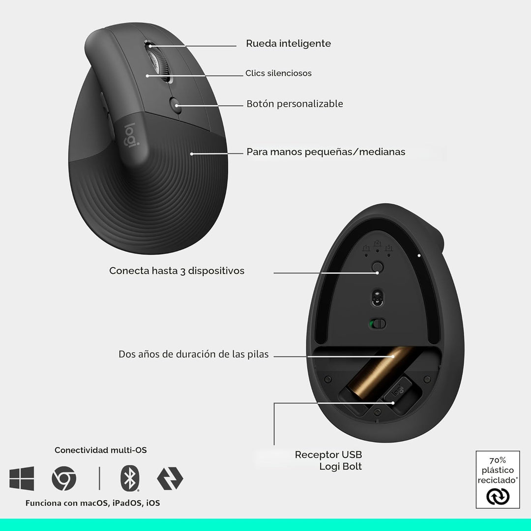Logitech Wave Keys &amp; Lift - Combo ergonómico de teclado y mouse...