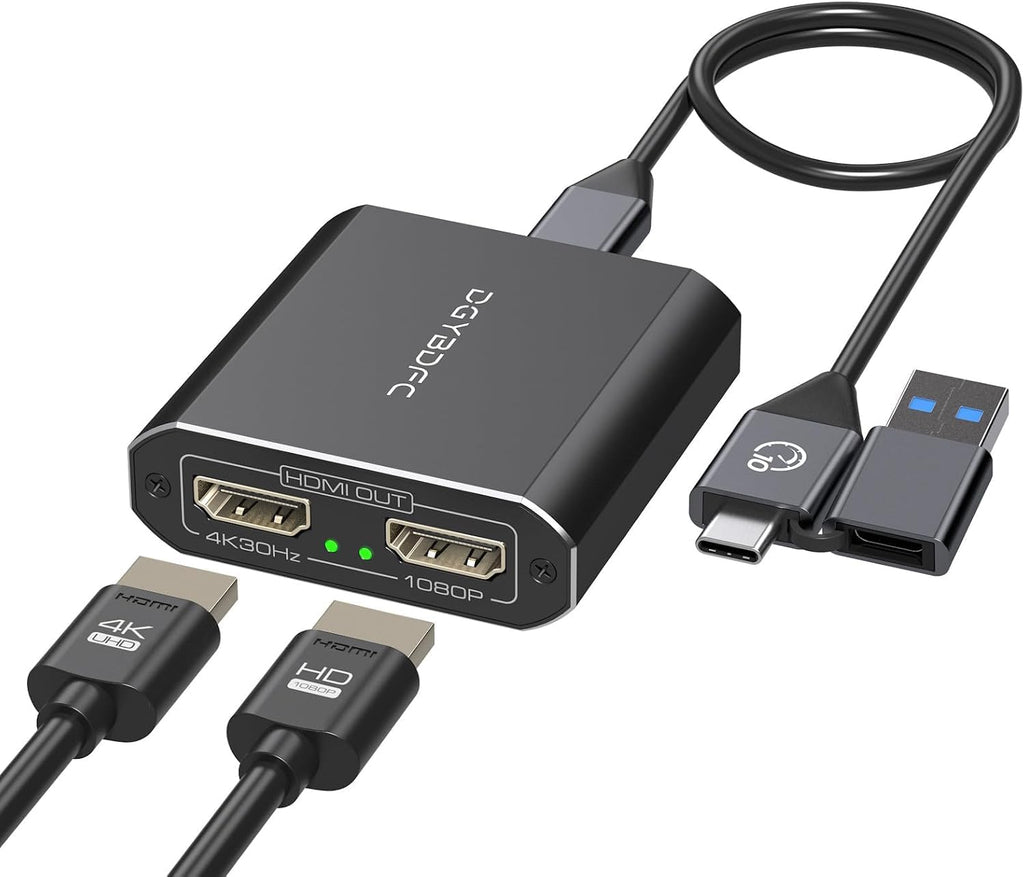 Adaptador USB A/C a HDMI dual pantalla extendida para monitor dual, USB A y USB C a doble pantalla divisor HDMI, 3 pantallas separadas para Windows, MacOS (necesidad de instalación de controladores