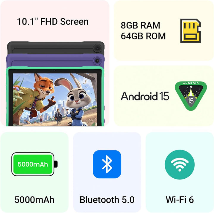 Tableta para niños, 10.1 pulgadas HD Android 15, 64 GB de almacenam...