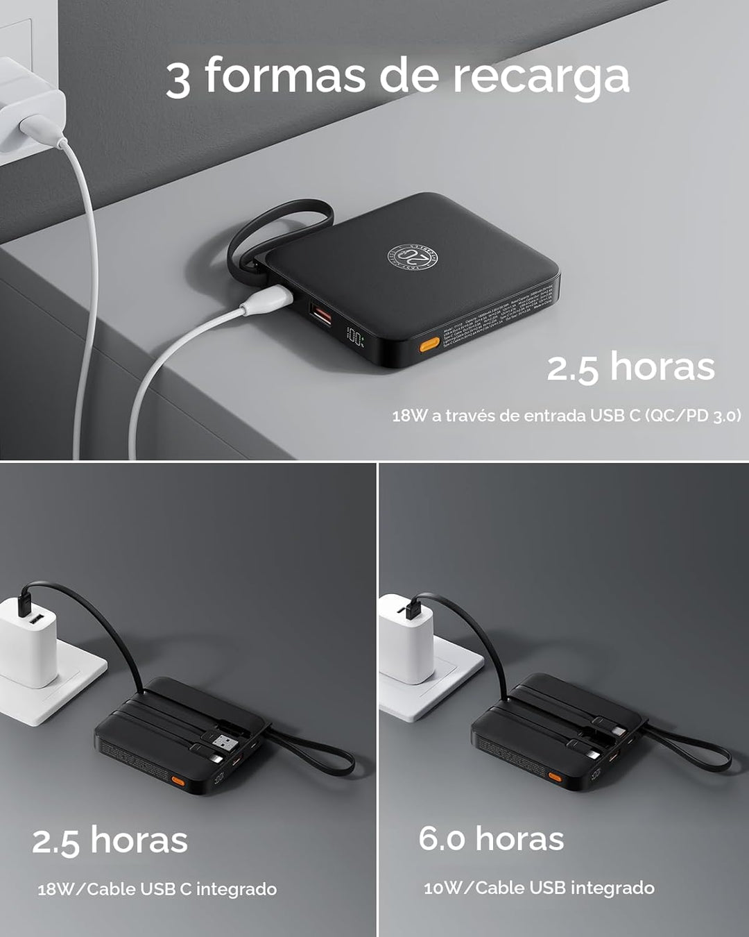 VRURC - Cargador portátil con cable incorporado, batería de 10000 m...