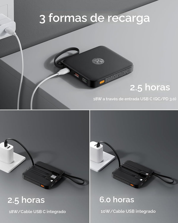 VRURC - Cargador portátil con cable incorporado, batería de 10000 m...