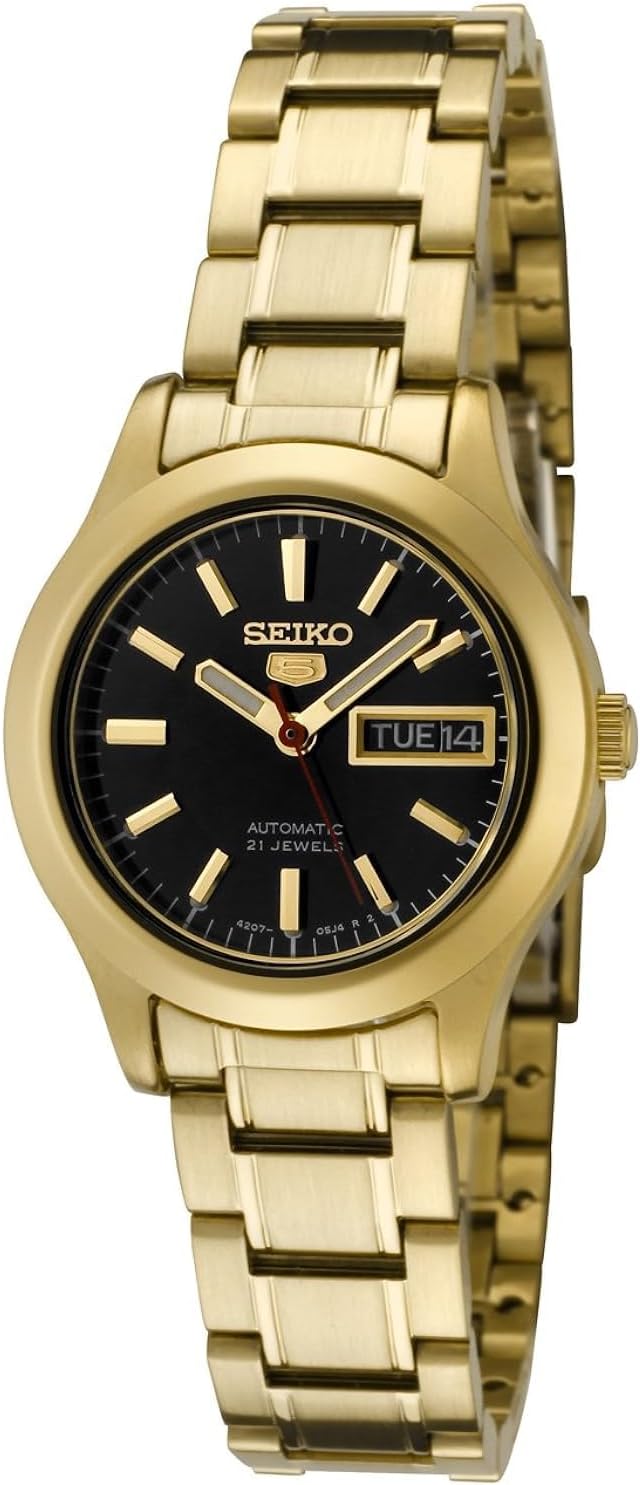 Seiko Reloj de acero inoxidable para mujer SYMD96 Seiko 5 automático con esfera negra dorada