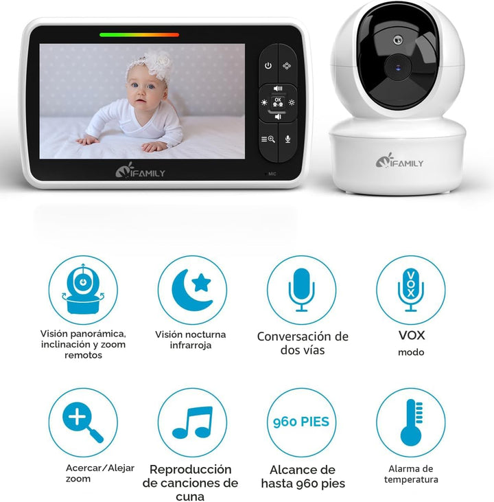 iFamily - Monitor de bebé - Pantalla grande de 5" con vida útil...