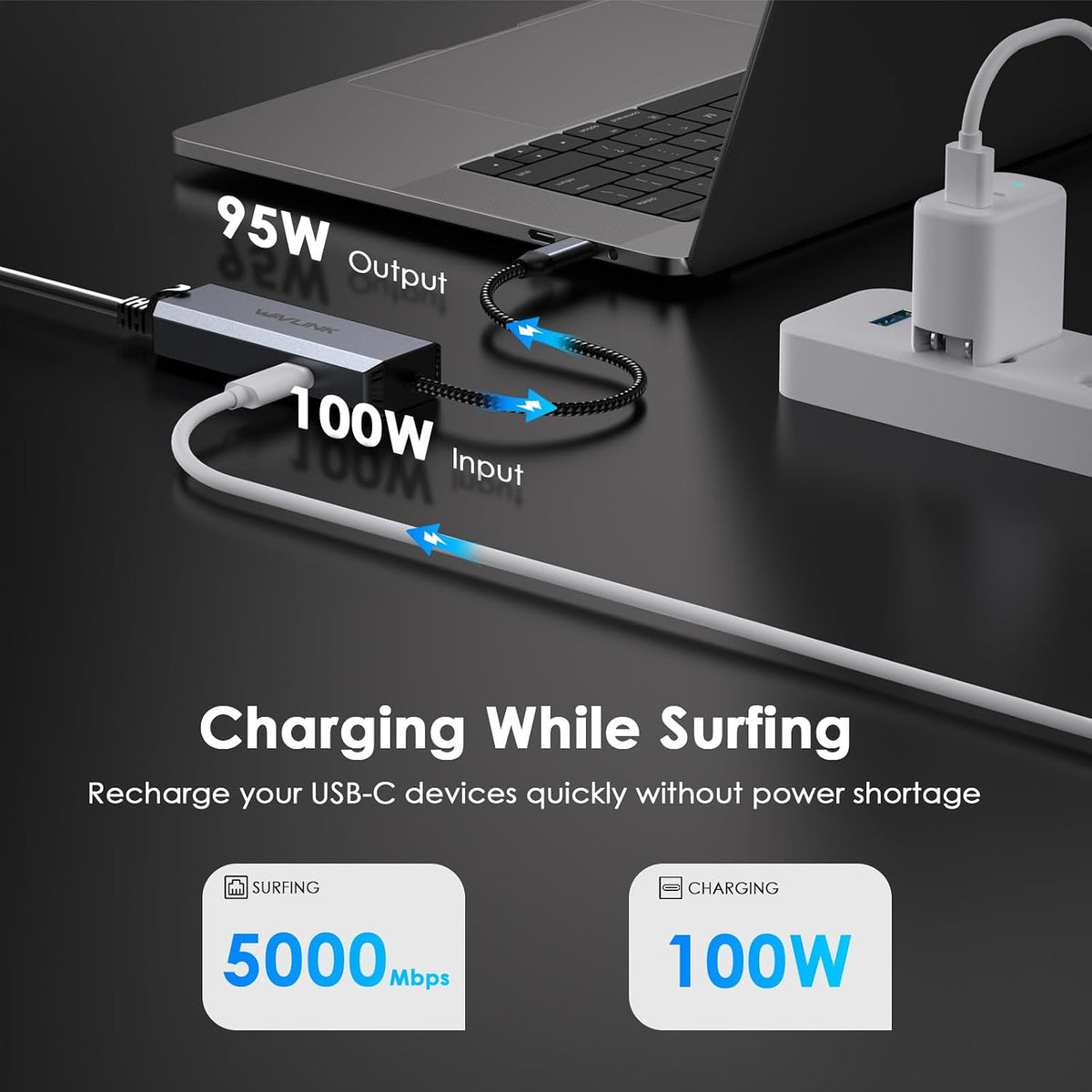 WAVLINK Adaptador USB-C a Ethernet con PD de 95 W - 5 Gbps de alta