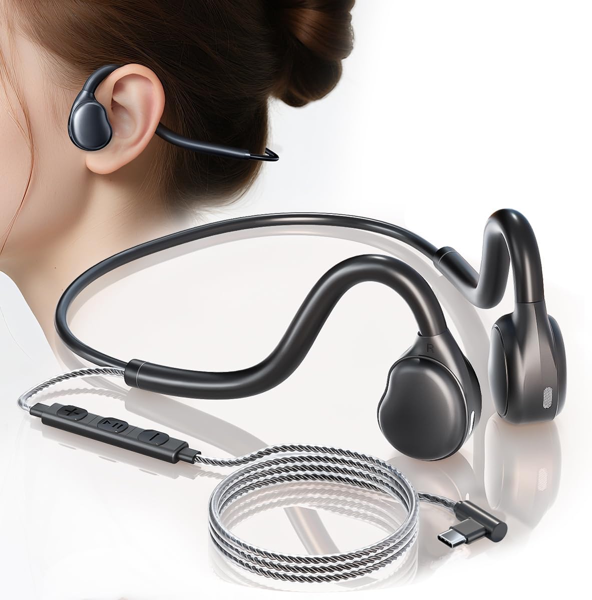 Auriculares con cable USB-C, auriculares de oreja abierta con micrófono, auriculares enchufables con sonido premium tipo C, perfectos para portátiles, nuevos teléfonos iPhone 15 y 16, Samsung y Android tipo C, color negro