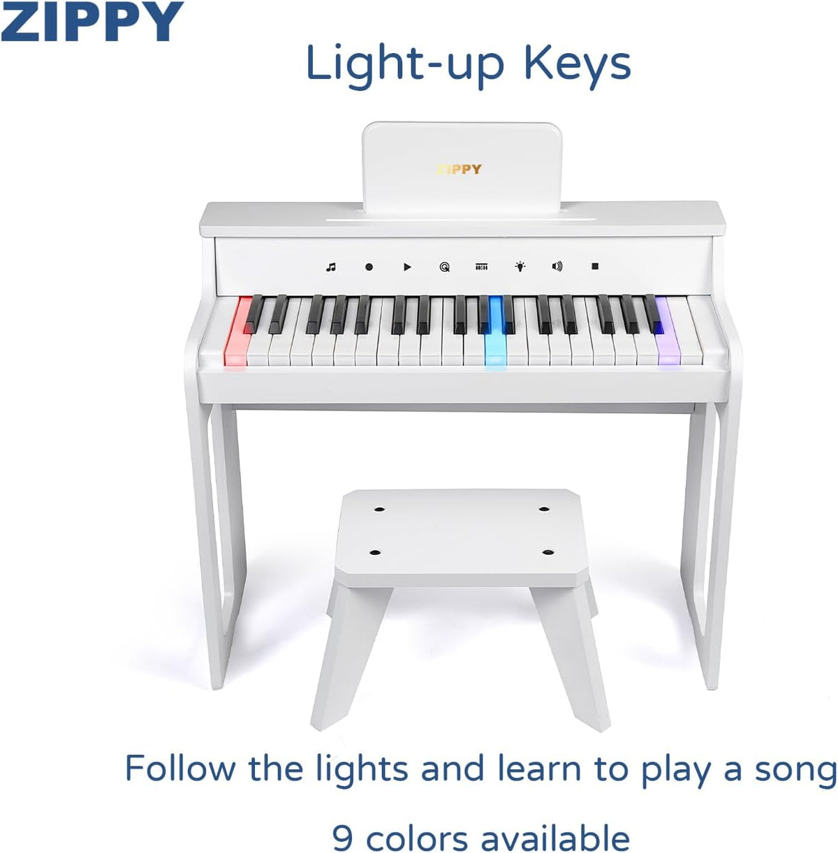 ZIPPY Piano infantil iluminado de 37 teclas con panel de control táctil