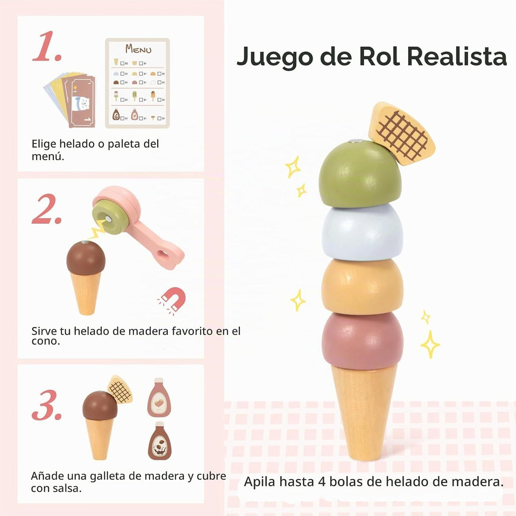 OOOK Carrito de helado de madera para niños con cuchara y ruedas