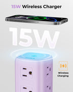 Regleta de alimentación púrpura con 12 tomas, 4 USB (1 USB C), cable de extensión de 6.5 pies con múltiples tomas, estación de carga, torre de regleta de alimentación, suministros de escritorio de