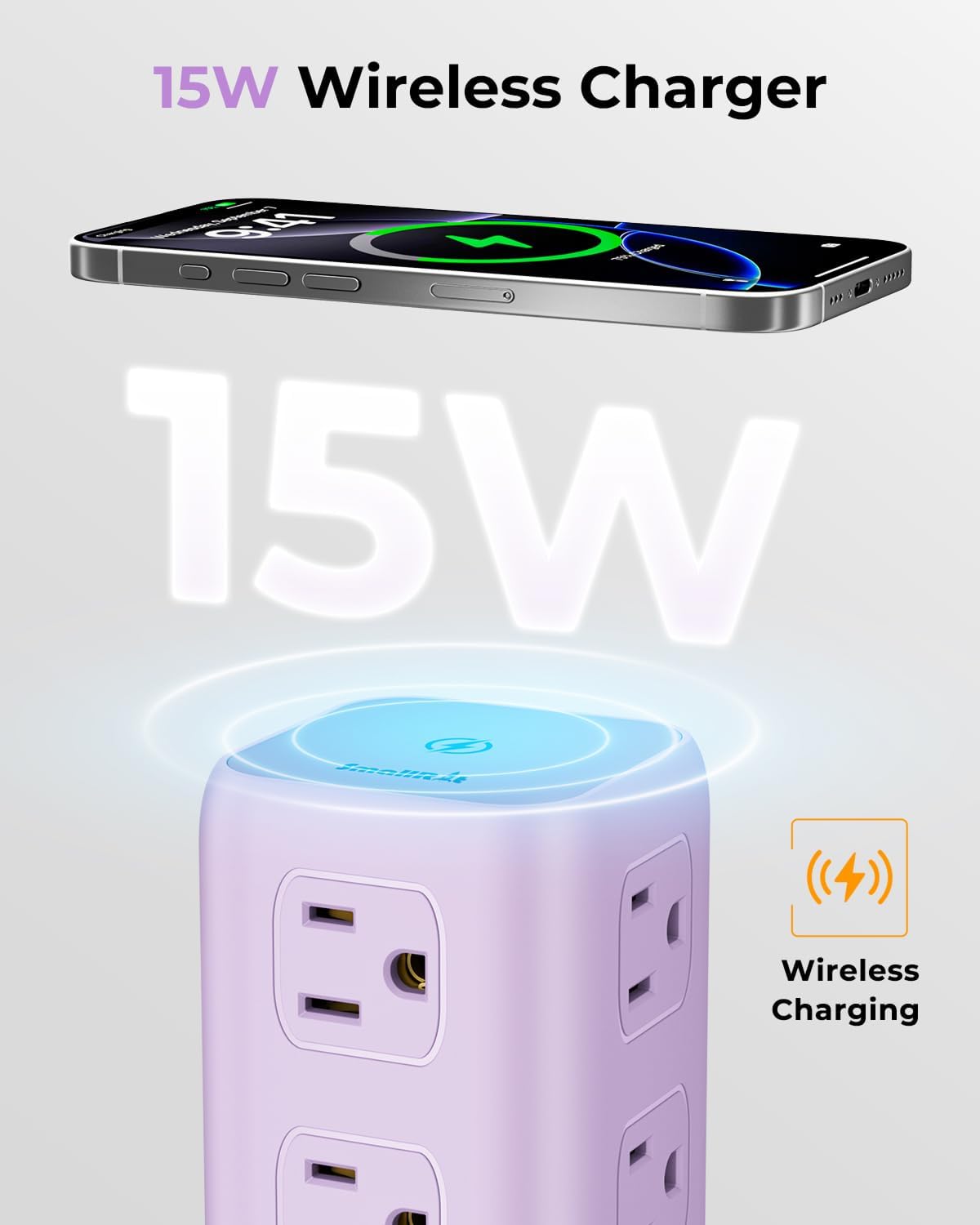 Regleta de alimentación púrpura con 12 tomas, 4 USB (1 USB C), cable de extensión de 6.5 pies con múltiples tomas, estación de carga, torre de regleta de alimentación, suministros de escritorio de