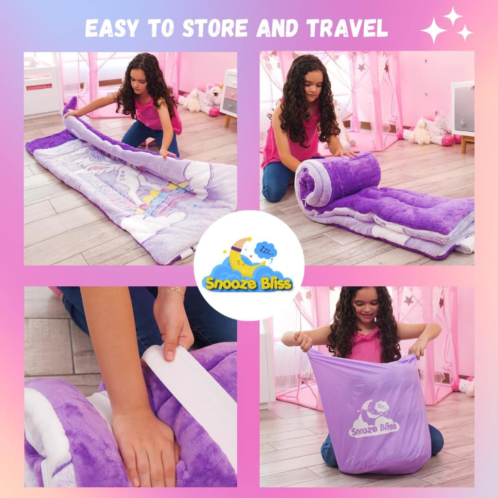 Saco de dormir de unicornio para niños: los sacos de dormir que brillan en la oscuridad son divertidos regalos de unicornio para niñas. Perfecto para fiestas de pijamas, camping, tapete de siesta de felpa para preescolar, con bolsillo para almohada, más