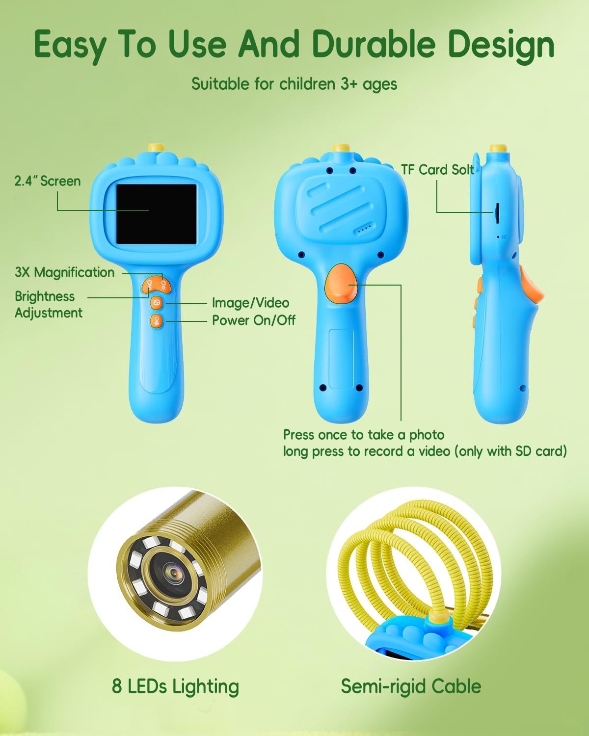 Cámara de serpiente boroscopio con luz para niños, juguetes STEM educativos al aire libre, regalos de ciencia para niños de 5 años, actividades de naturaleza de campamento, el mejor regalo de