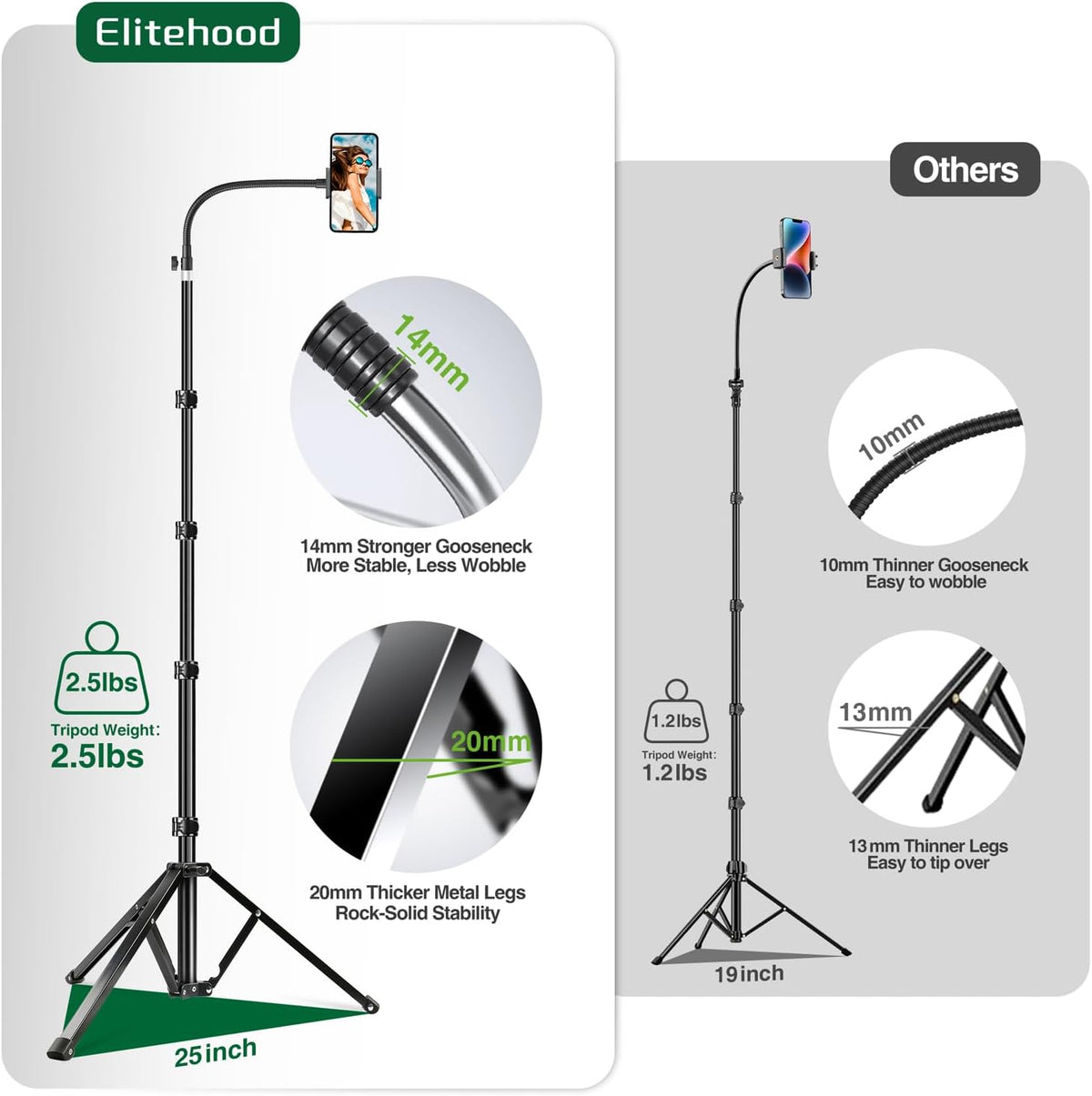 Elitehood Trípode de teléfono de 6.7 pies de alto con cuello de cisne de 17