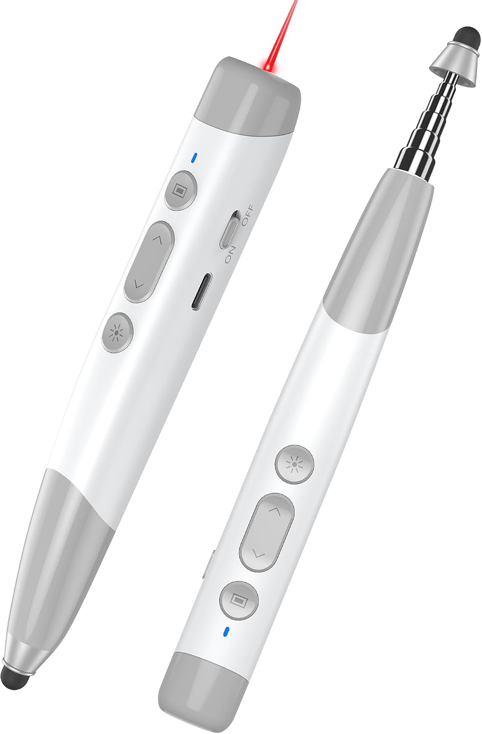 Clicker de presentación 4 en 1 con puntero telescópico y lápiz capacitivo, presentador inalámbrico de 2.4 GHz para PowerPoint/Keynote, cordón para profesor, recargable, compatible con tarjeta