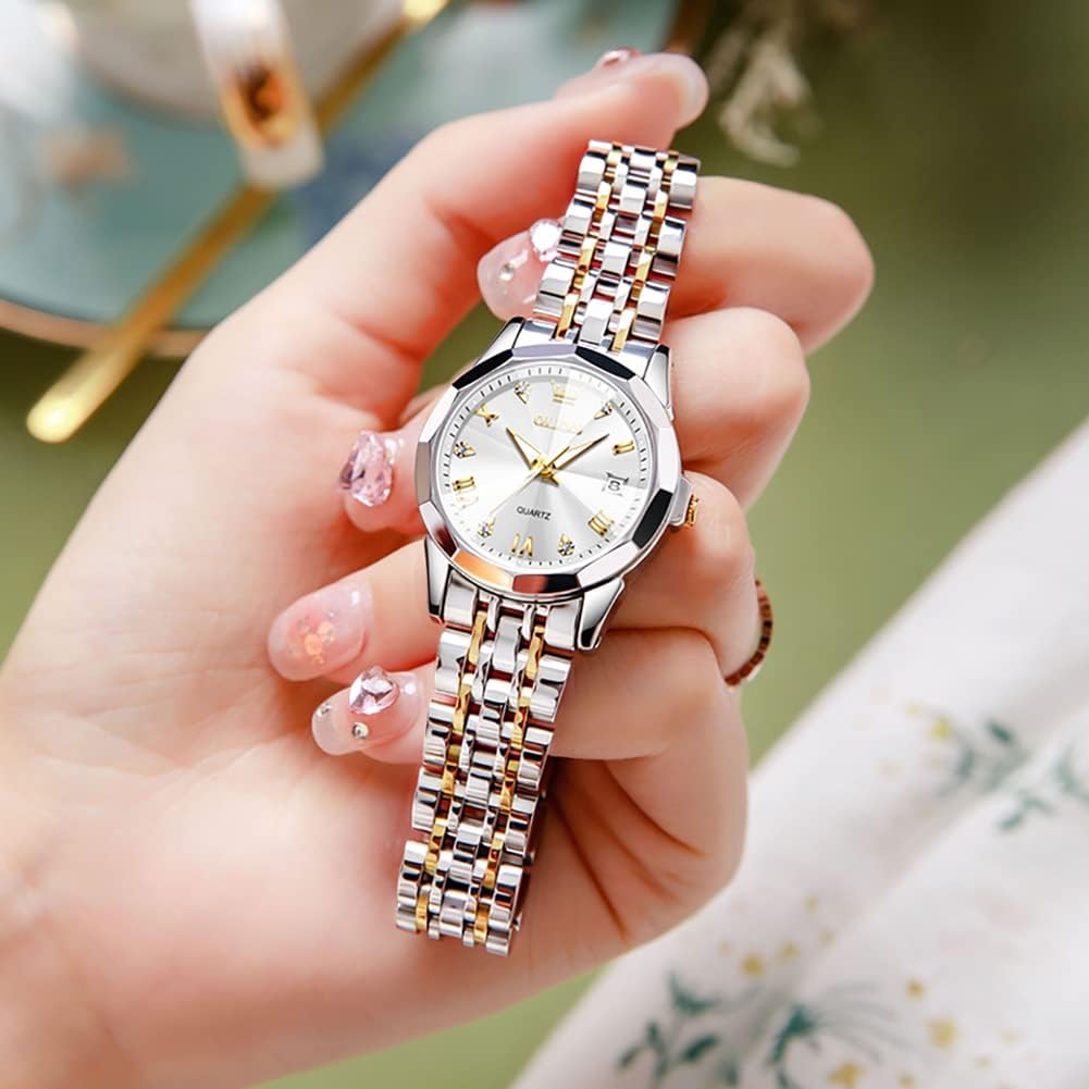 OLEVS Reloj para Mujer Moderno de Moda con Diamantes para Damas Analógico, Acero Inoxidable, Resistente al Agua, Luminosa, Día, Fecha, Dos Tonos