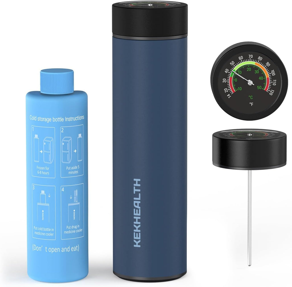 Estuche de viaje para insulina compatible con la TSA, enfriador de medicamentos 60H para insulina, GLP-1 y bolígrafos inyectables, termómetro de esfera mecánica, estuche de viaje para diabéticos de acero inoxidable (gel y botella de emergencia)