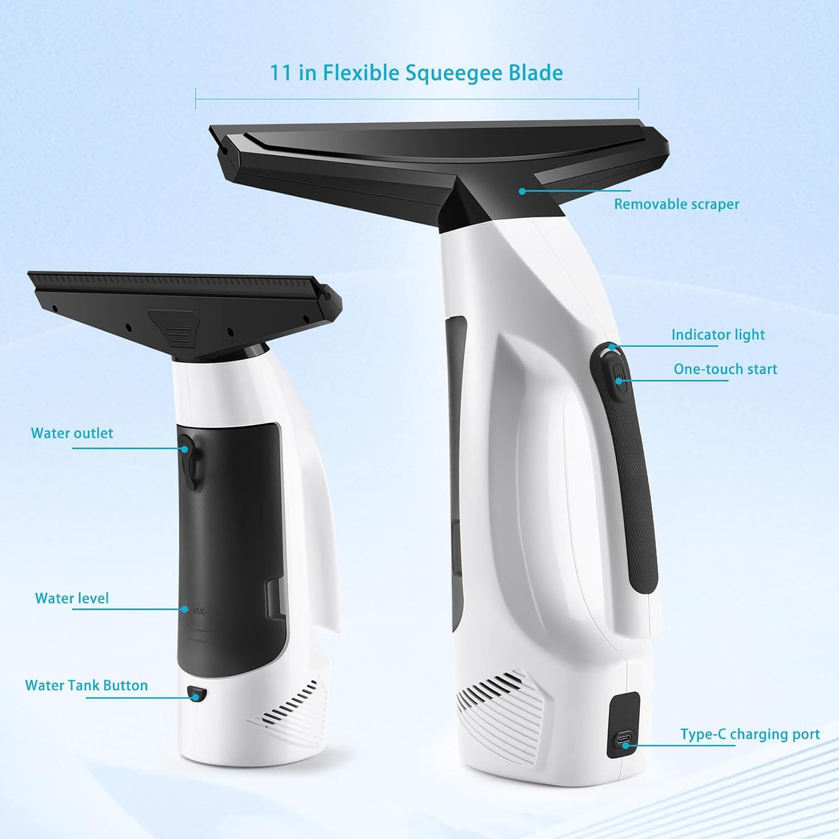 Aspiradora de ventana inalámbrica, 2000 Pa, limpiador eléctrico recargable de ventana con tanque de agua de 6.8 fl oz, kit de limpieza con botella de spray y almohadilla de microfibra para vidrio