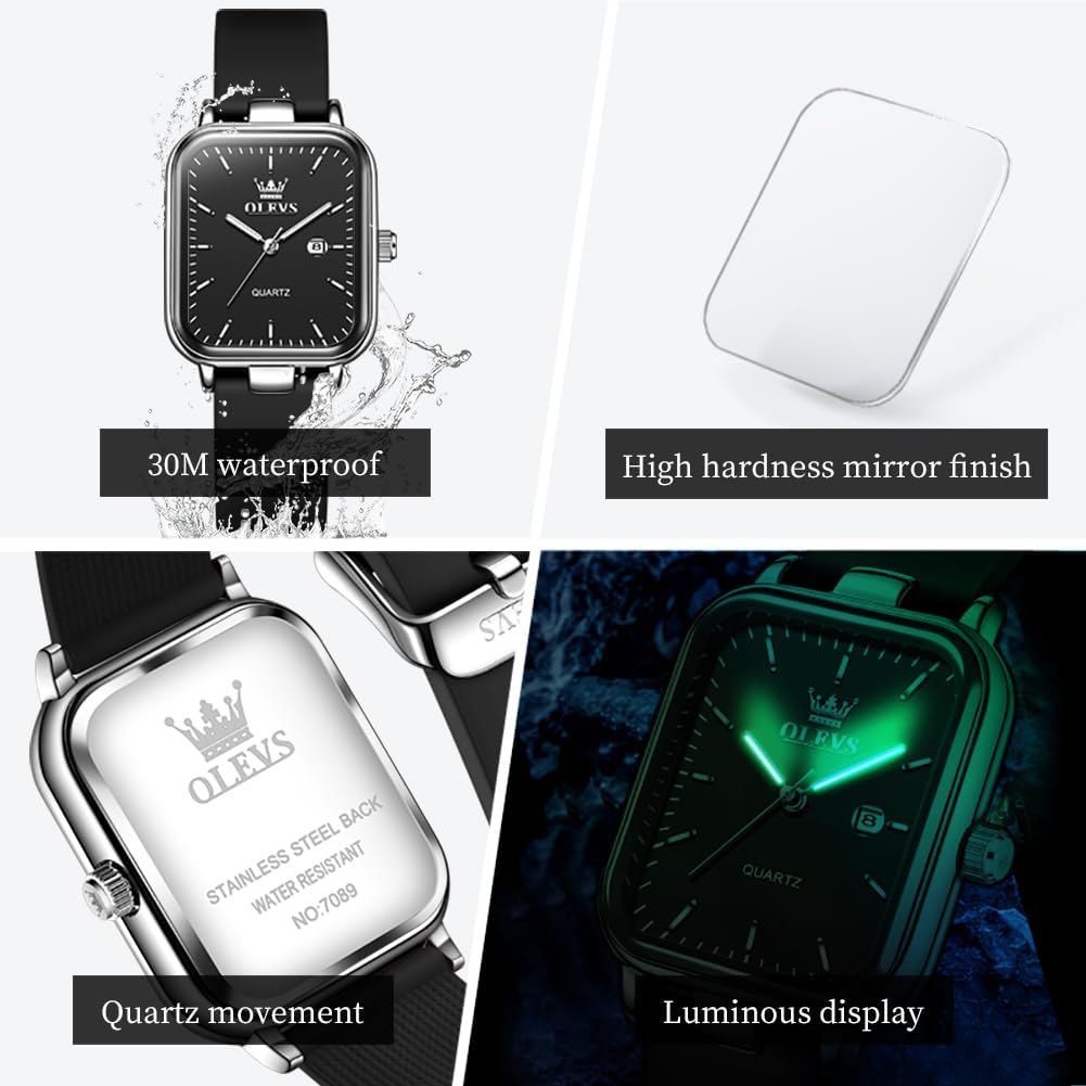 OLEVS Reloj para Mujer Casual Fashion Cuadrante Cuadrado Correa de Silicona Negra Elegante Delicado Cuarzo a Prueba de Agua Lectura Fácil