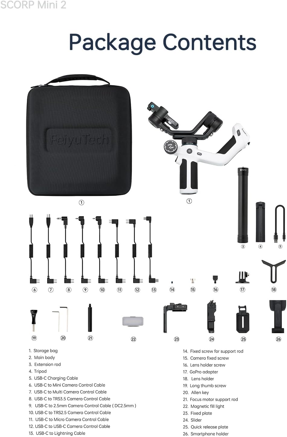 FeiyuTech Kit oficial SCORP Mini 2 cardán, estabilizador de cámara de 3 ejes con luz de llenado AI Tracker, 1,3 pulgadas Touch Sreen, para cámara sin espejo, smartphone, cámara de acción, con funda de