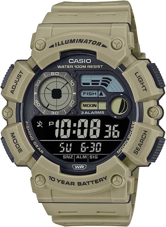 Casio WS1500H Series | Reloj digital para hombre | 100M WR | Hora dual | Temporizador regresivo | Luz LED | Fase lunar | Modo pesca | Calendario automático | Múltiples alarmas | Cronómetro 1/100 SEG