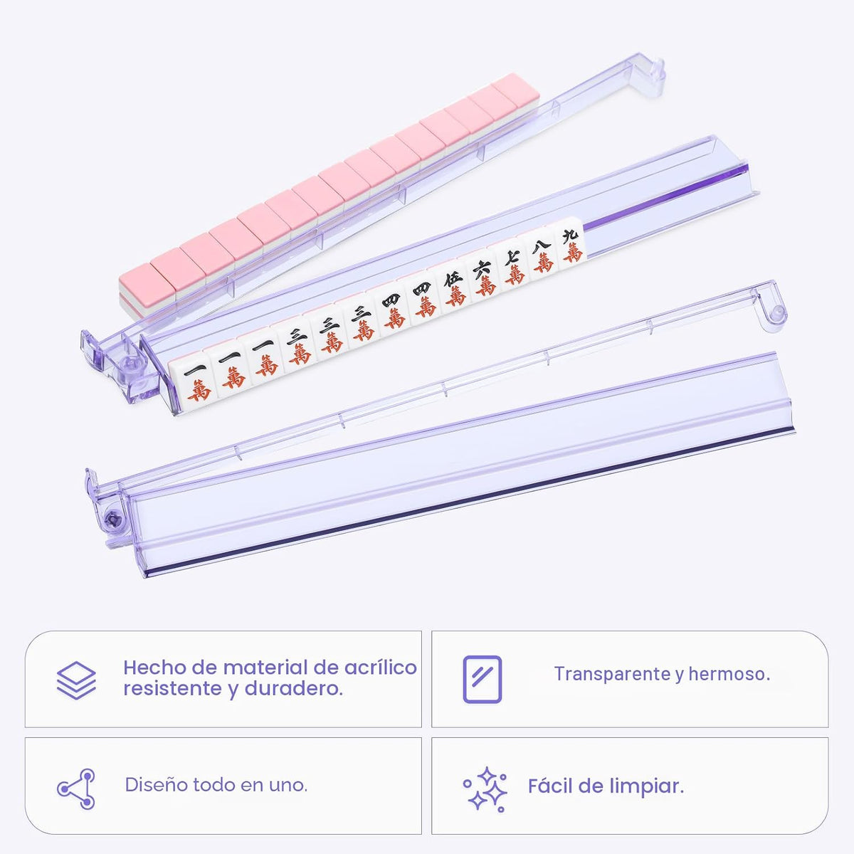 Bastidores Mahjong transparentes prémium con empujadores, paquete de 4