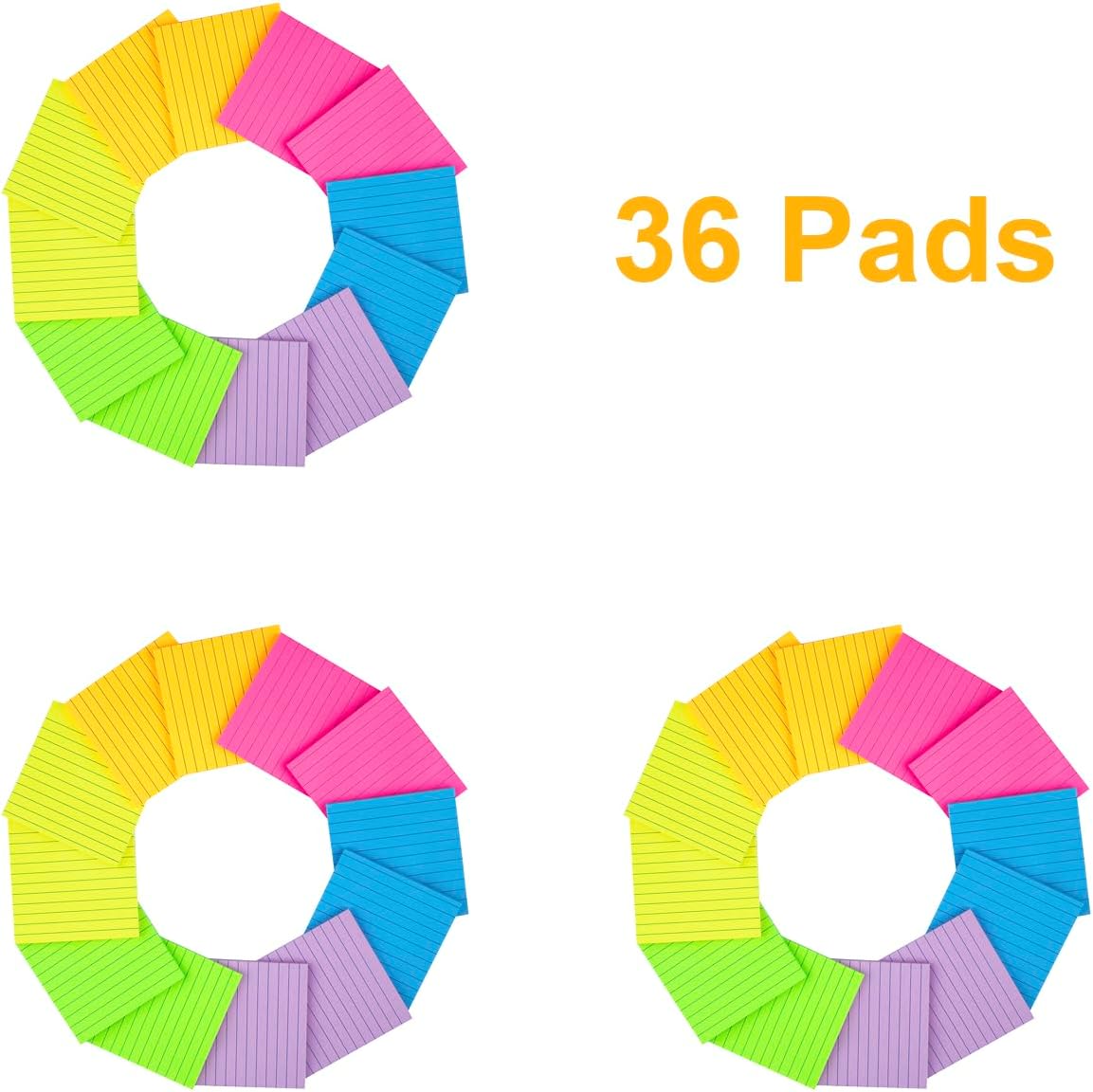 (36 blocs) notas adhesivas forradas de 4 x 4 pulgadas, 6 blocs de notas autoadhesivas de colores brillantes, adhesivo fuerte, 47 hojas/bloc
