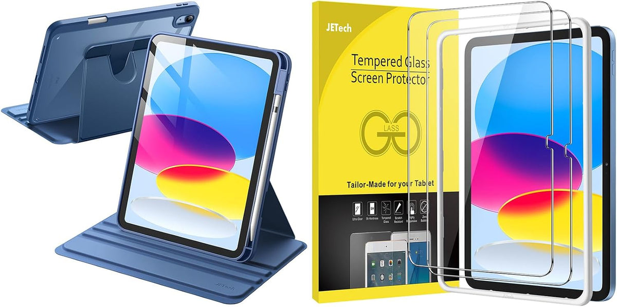 JETech Funda giratoria para iPad (A16) de 11ª/10ª generación (2025/2022) con soporte para lápiz y protector de pantalla de vidrio templado