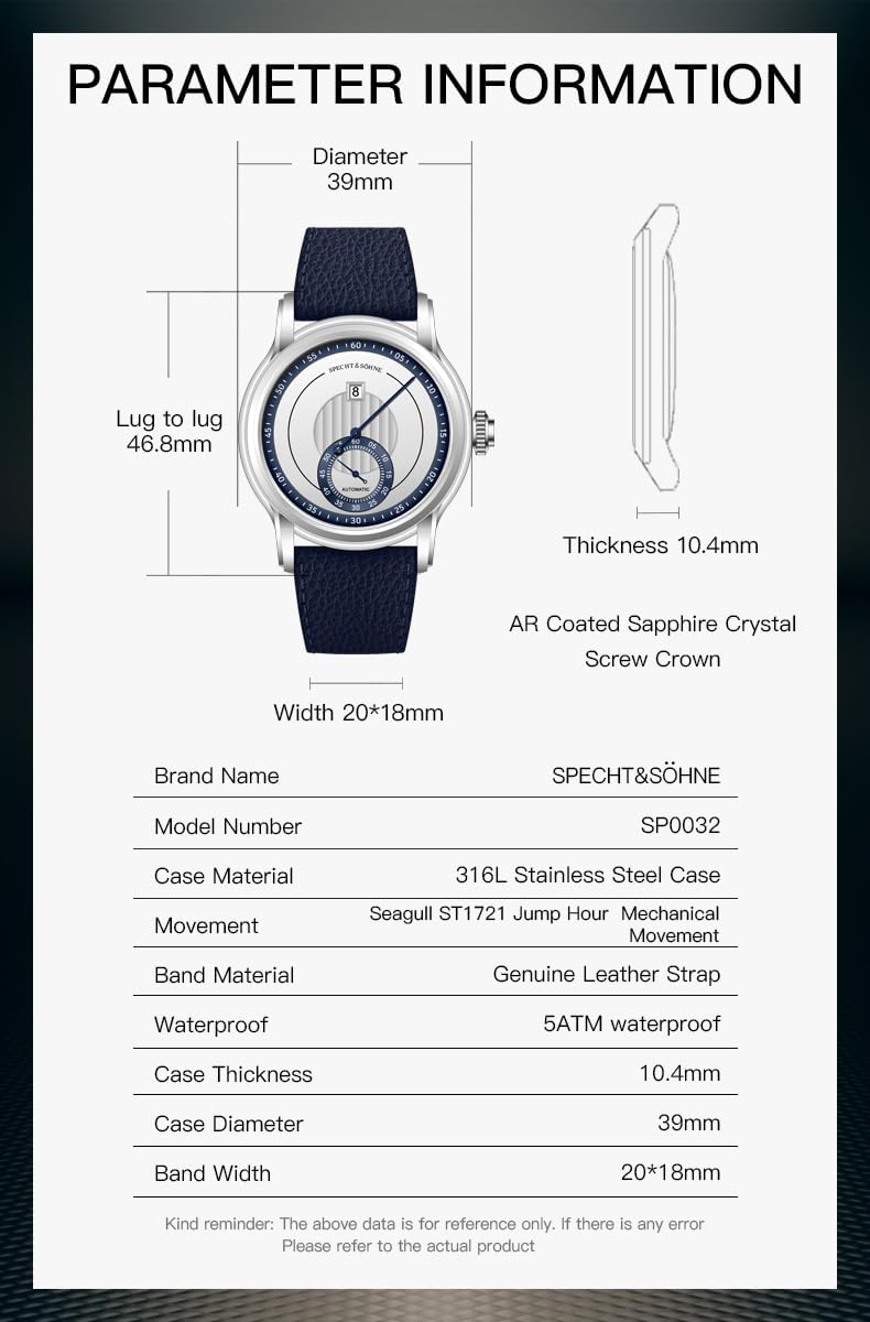 Specht & Söhne - Relojes automáticos para hombre, 1.535 in, reloj de hora de salto