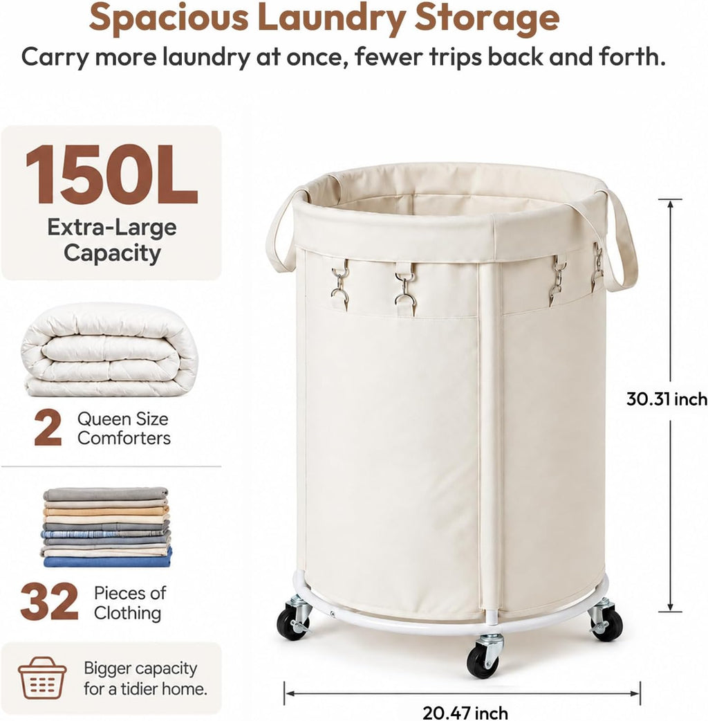 Cesta de lavandería de gran capacidad de 150 litros con ruedas, cesta de ropa y bolsa extraíble para el hogar, lavandería, dormitorio, baño, apartamento, dormitorio
