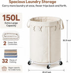 Cesta de lavandería de gran capacidad de 150 litros con ruedas, cesta de ropa y bolsa extraíble para el hogar, lavandería, dormitorio, baño, apartamento, dormitorio