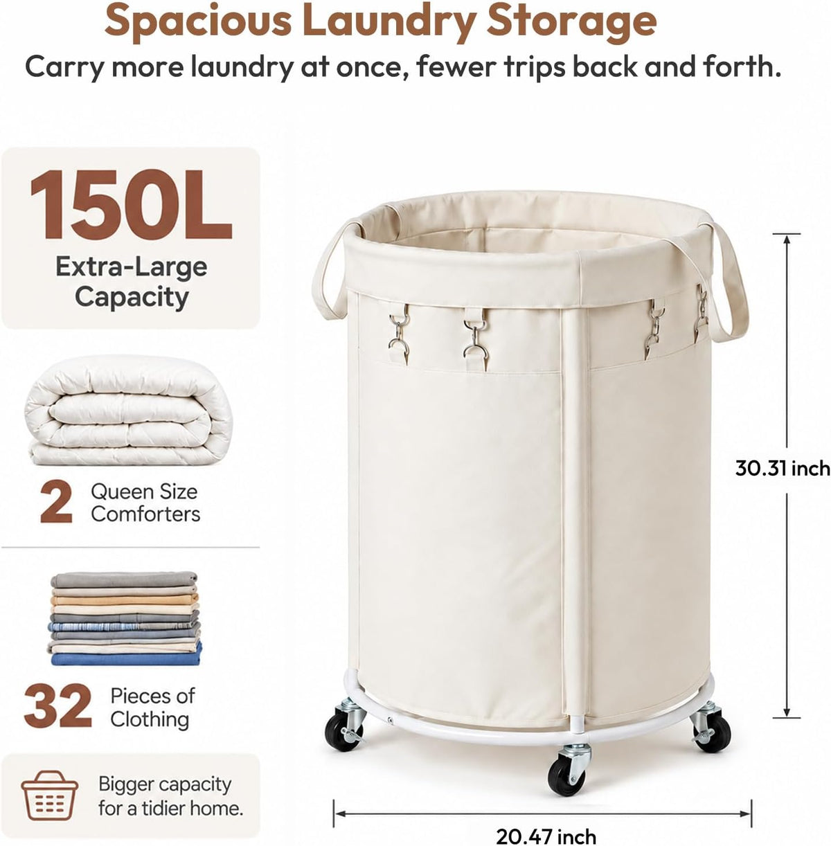Cesta de lavandería de gran capacidad de 150 litros con ruedas, cesta de ropa y bolsa extraíble para el hogar, lavandería, dormitorio, baño, apartamento, dormitorio