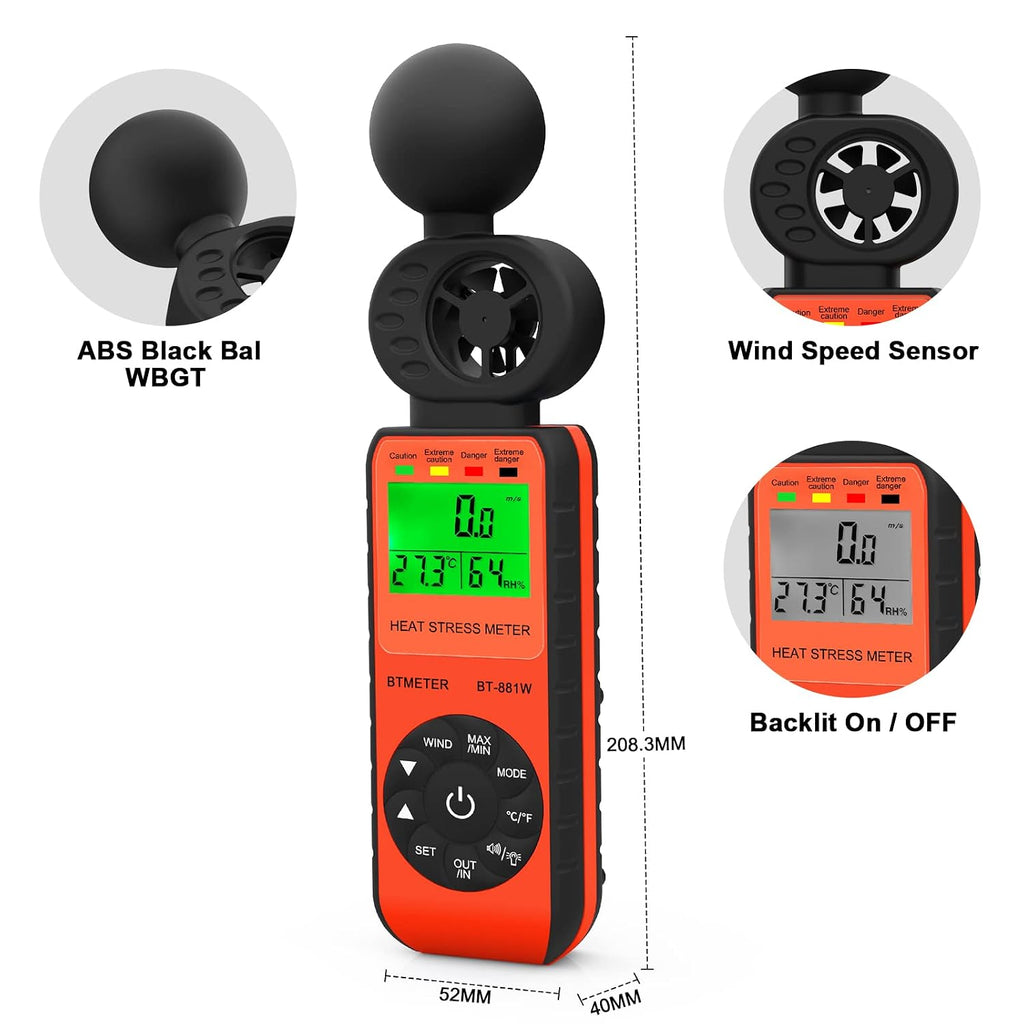 BTMETER BT-881W - Anemómetro medidor de estrés térmico, medidor digital para interiores y exteriores WBGT (temperatura de globo de bulbo húmedo) con velocidad del viento, temperatura ambiente, probador de humedad