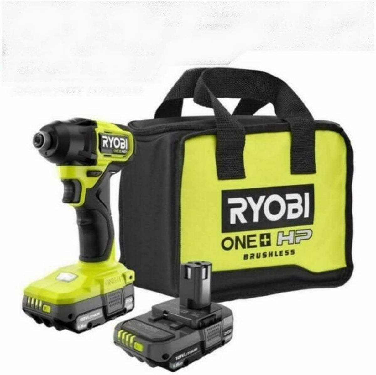 RYOBI ONE+ HP 18V Kit de Destornillador de Impacto Compacto Inalámbrico sin Escobillas de 1/4 pulgada con (2) Baterías de 1.5 Ah, Cargador y Bolsa PSBID01K