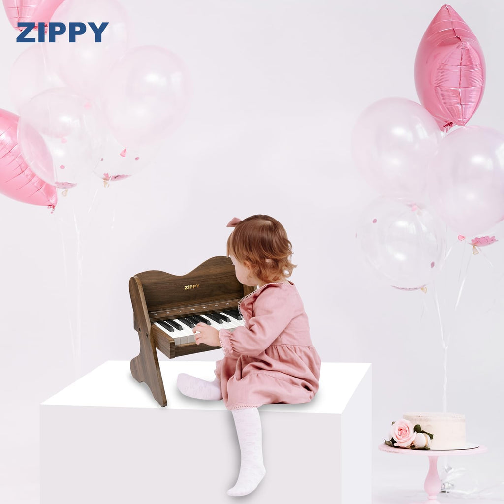 ZIPPY Teclado de piano para niños, piano digital de 25 teclas para niños, panel de control sensible al tacto, volumen ajustable, mini juguete de instrumento educativo musical, juguete de madera para niños pequeños y niñas (nogal)