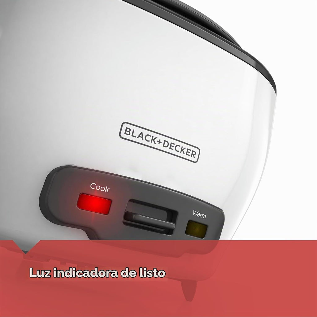 Olla arrocera BLACK+DECKER 6 tazas (cocidas) con cesta para vapor, recipiente antiadherente extraíble, blanca