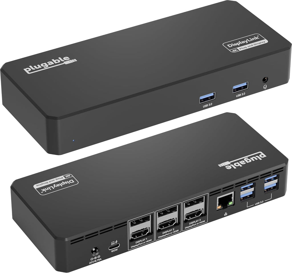 Plugable Estación de acoplamiento para monitor triple USB C 12 en 1, carga