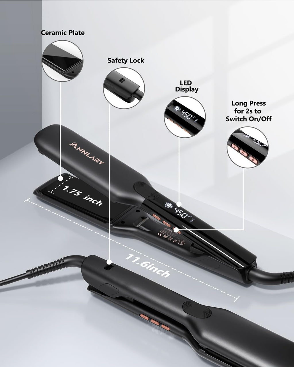 Annlary Plancha de pelo de 1.75 pulgadas, placa de titanio