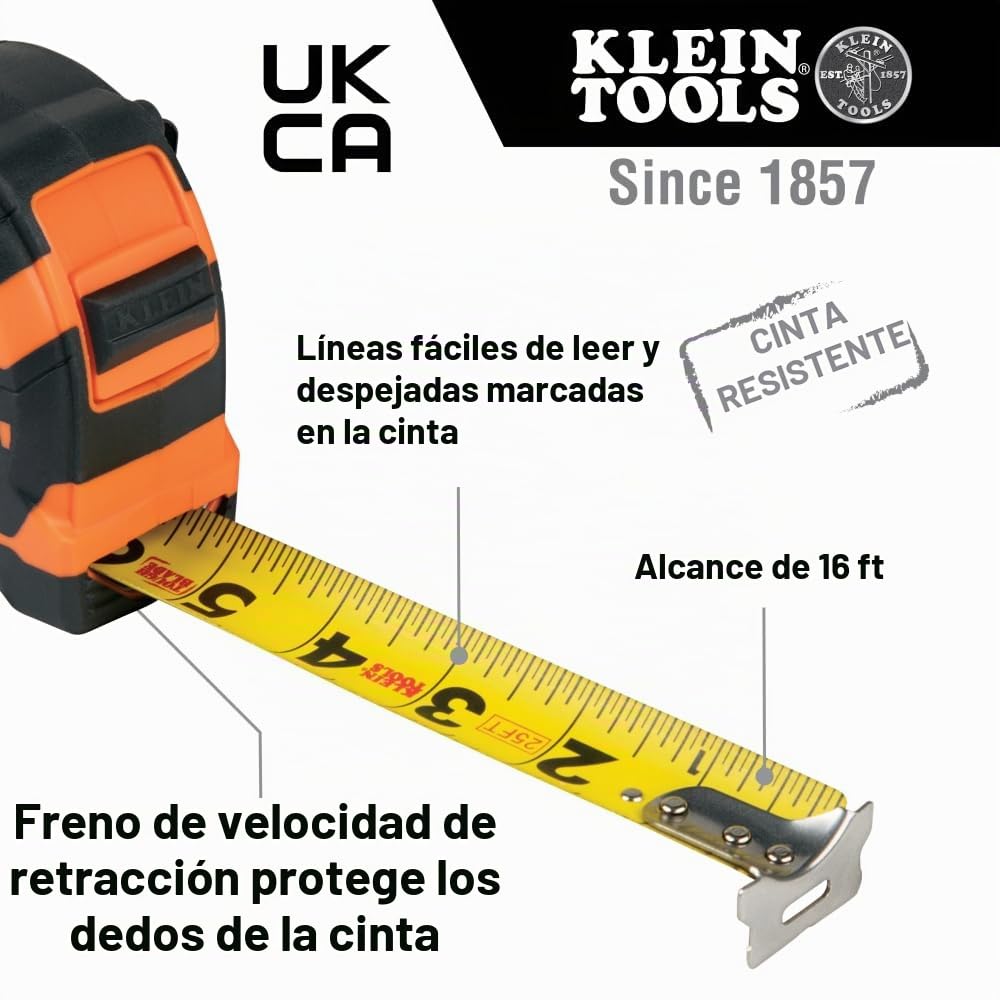 Klein Tools Cinta métrica 9125, cinta métrica resistente con hoja reforzada de nailon de un solo gancho de 25 pies, con clip de metal para cinturón