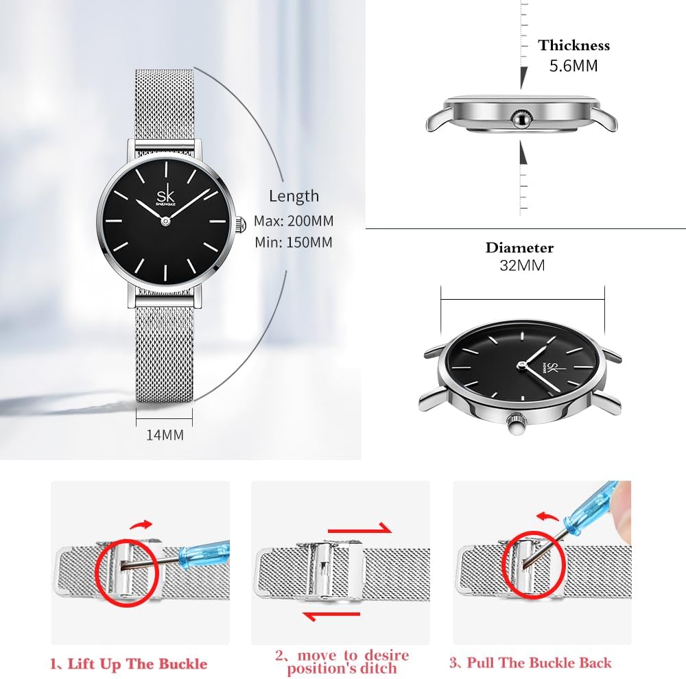 Shengke SK Ultra delgado minimalista Relojes para mujer de dos agujas Reloj de vestir de cuero para damas