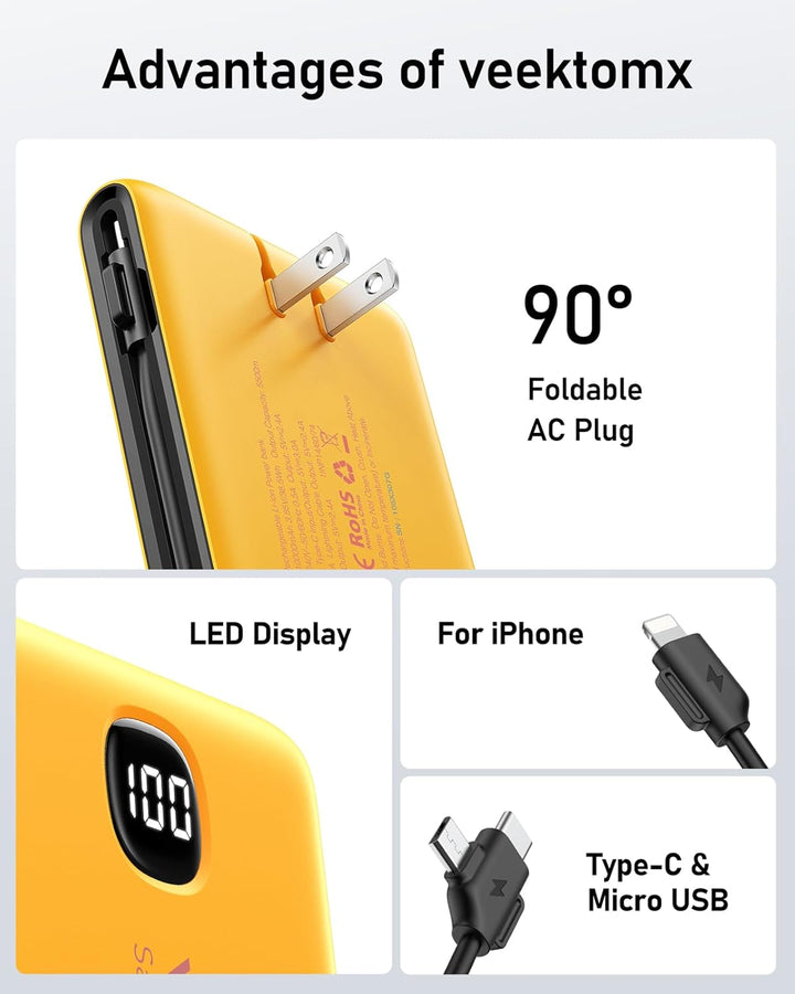 VEEKTOMX Cargador portátil con cables integrados de 10000 mAh, banc...