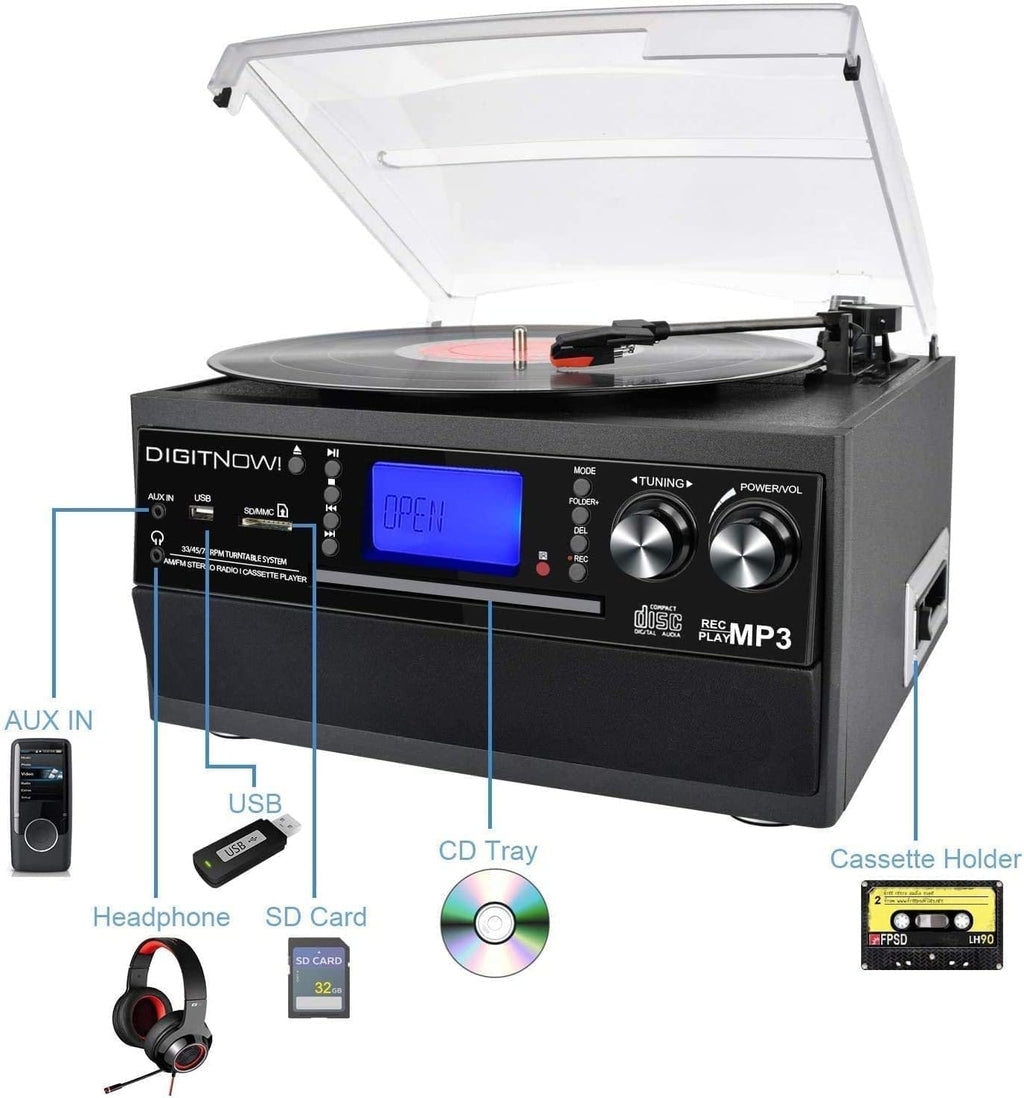 Tocadiscos Bluetooth 10 en 1 con altavoz incorporado, reproductor de discos de vinilo, casete de CD y radio FM, AUX en USB grabación MP3 conector de auriculares, sistema estéreo compacto para