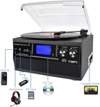 Tocadiscos Bluetooth 10 en 1 con altavoz incorporado, reproductor de discos de vinilo, casete de CD y radio FM, AUX en USB grabación MP3 conector de auriculares, sistema estéreo compacto para