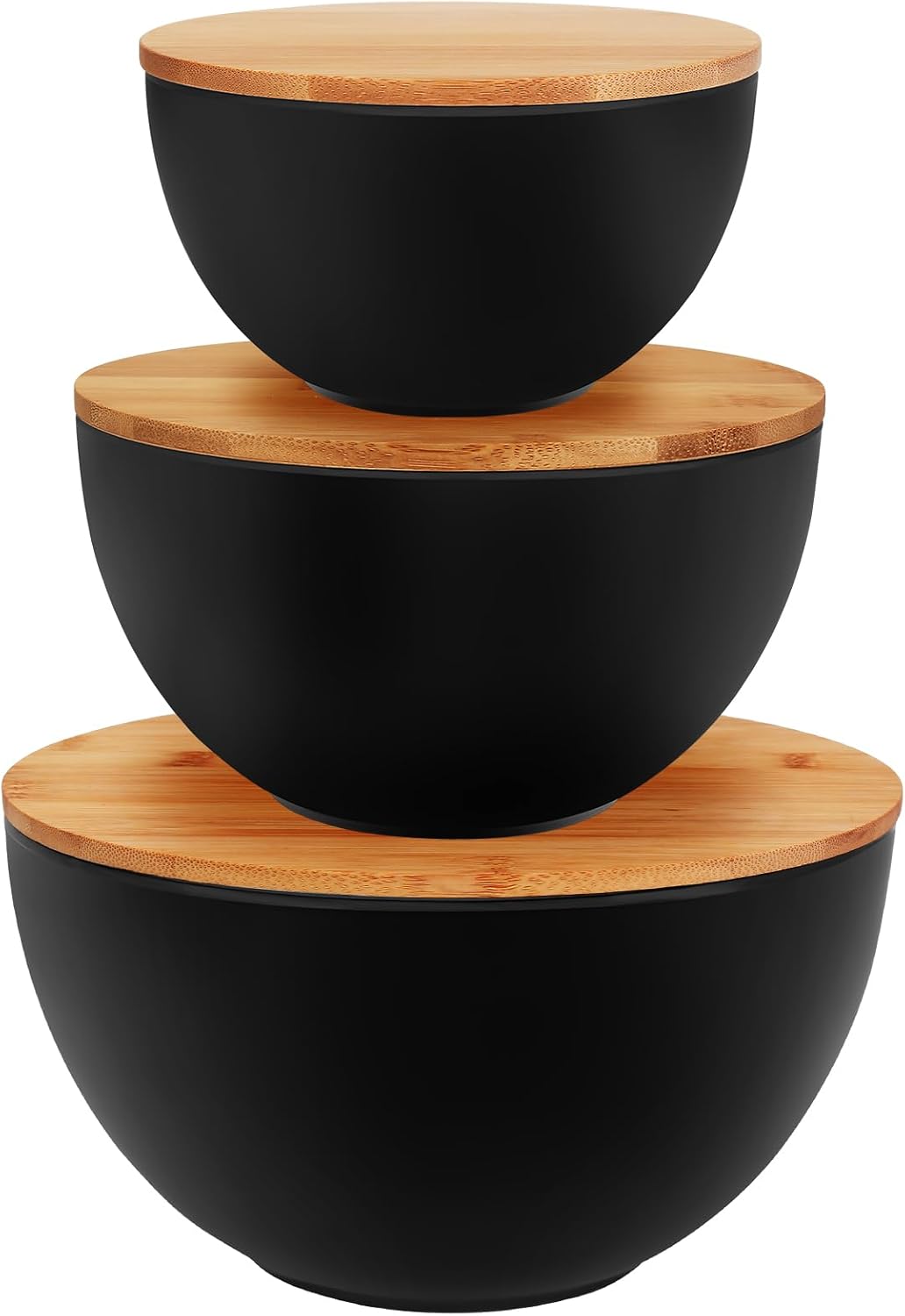 Juego de 3 cuencos de ensalada de fibra de bambú natural con tapas, tazón para preparar y servir ensalada, cereales, frutas, verduras, palomitas de maíz, papas fritas y pan (10, 8, 6 pulgadas)
