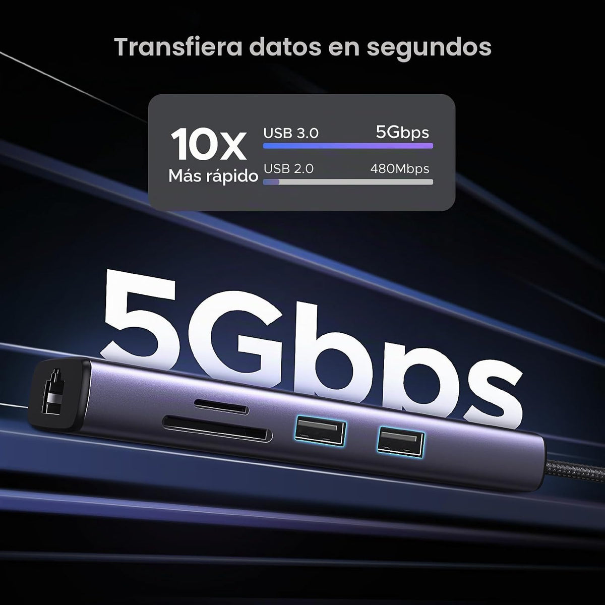 UGREEN, 60515, hub USB 2.0 de 3 puertos