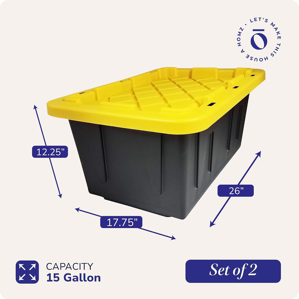 Contenedores de almacenamiento HOMZ Durabilt de plástico con tapas, 15 Gal, Negro/Amarillo, paquete de 2