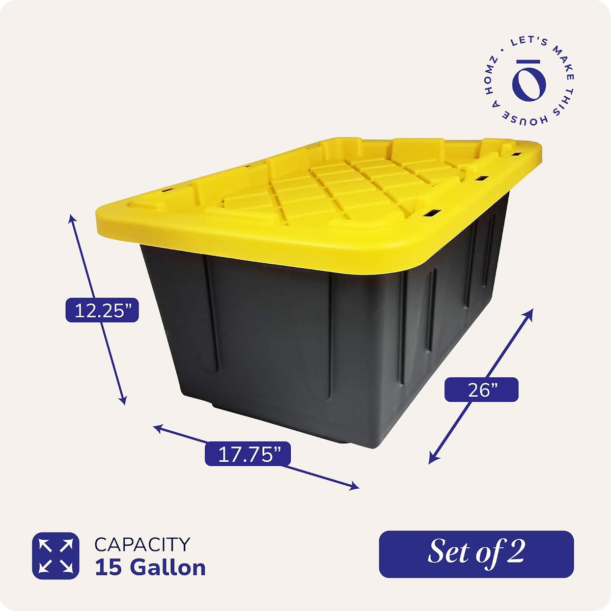 Contenedores de almacenamiento HOMZ Durabilt de plástico con tapas, 15 Gal, Negro/Amarillo, paquete de 2