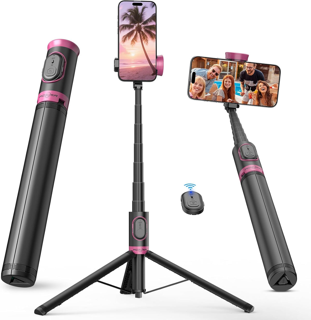 Trípode de palo selfie de 67 pulgadas con control remoto inalámbrico para iPhone y Android