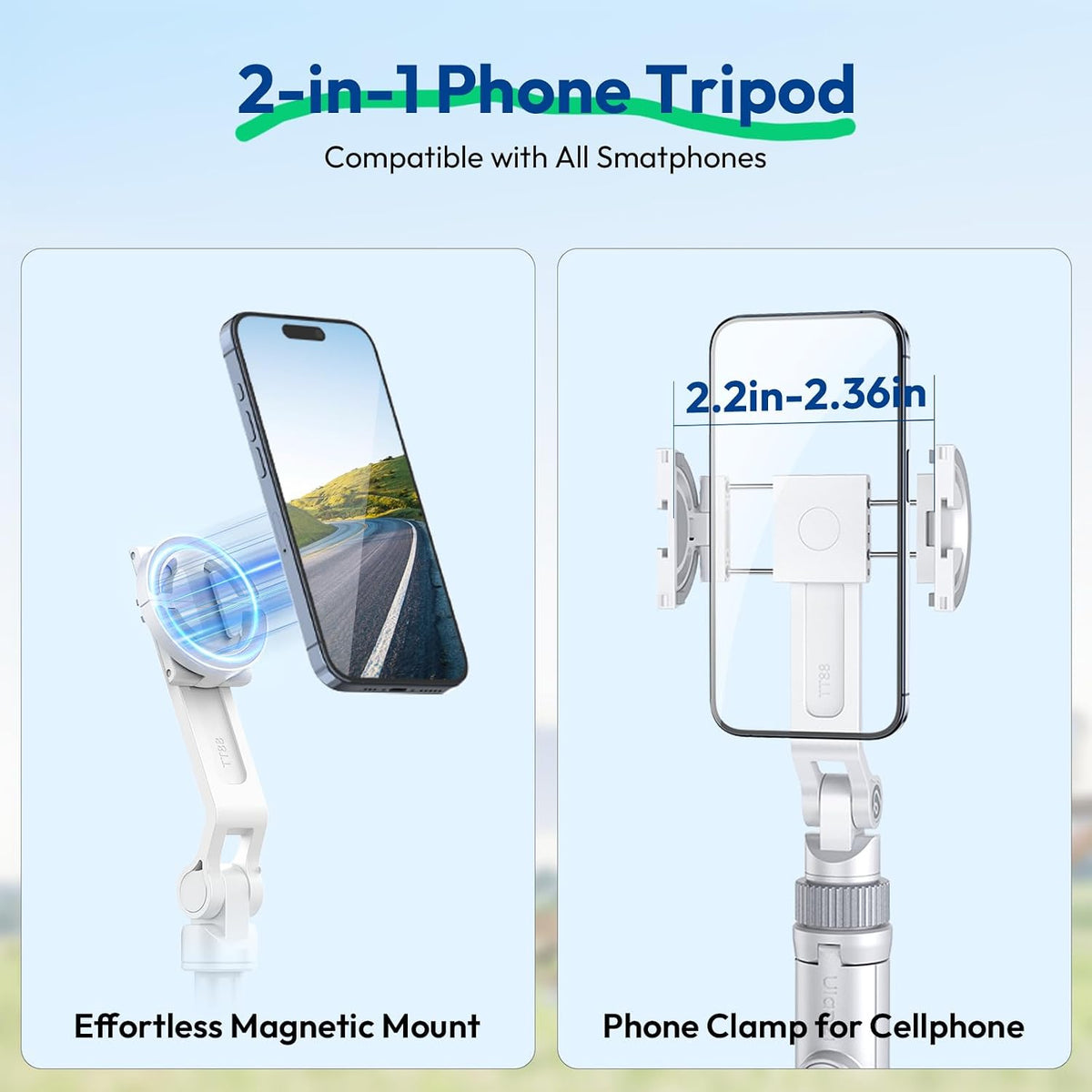 ULANZI TT88 - Trípode magnético para iPhone 17, palo selfie extensible de 57 pulgadas con control remoto, clip de teléfono 2 en 1 y soportes dobles para zapata fría