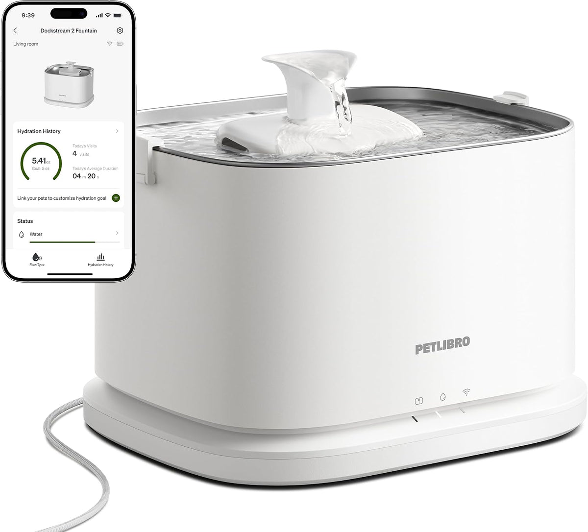 PETLIBRO Dockstream - Fuente de agua para gatos, bandeja de acero inoxidable, fuente para 2 gatos para interiores, fuentes automáticas para gatos de 3 L/101 onzas para beber, monitoreo de aplicaciones, fuente de agua para mascotas, dispensador de agua par