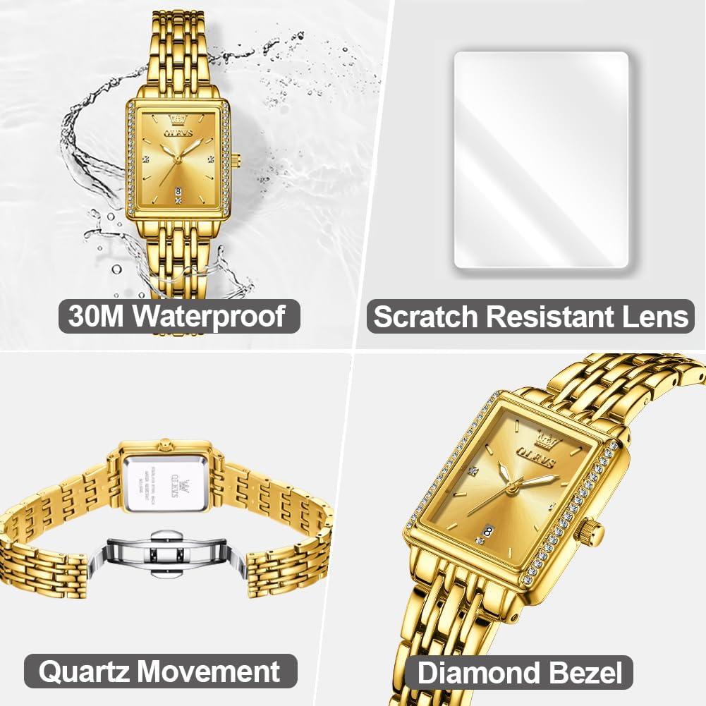 OLEVS Reloj de mujer de oro de acero inoxidable, reloj de cara cuadrada pequeña con decoración de diamantes, reloj de vestir de cuarzo analógico de lujo para mujer, reloj de pulsera impermeable con