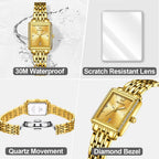 OLEVS Reloj de mujer de oro de acero inoxidable, reloj de cara cuadrada pequeña con decoración de diamantes, reloj de vestir de cuarzo analógico de lujo para mujer, reloj de pulsera impermeable con